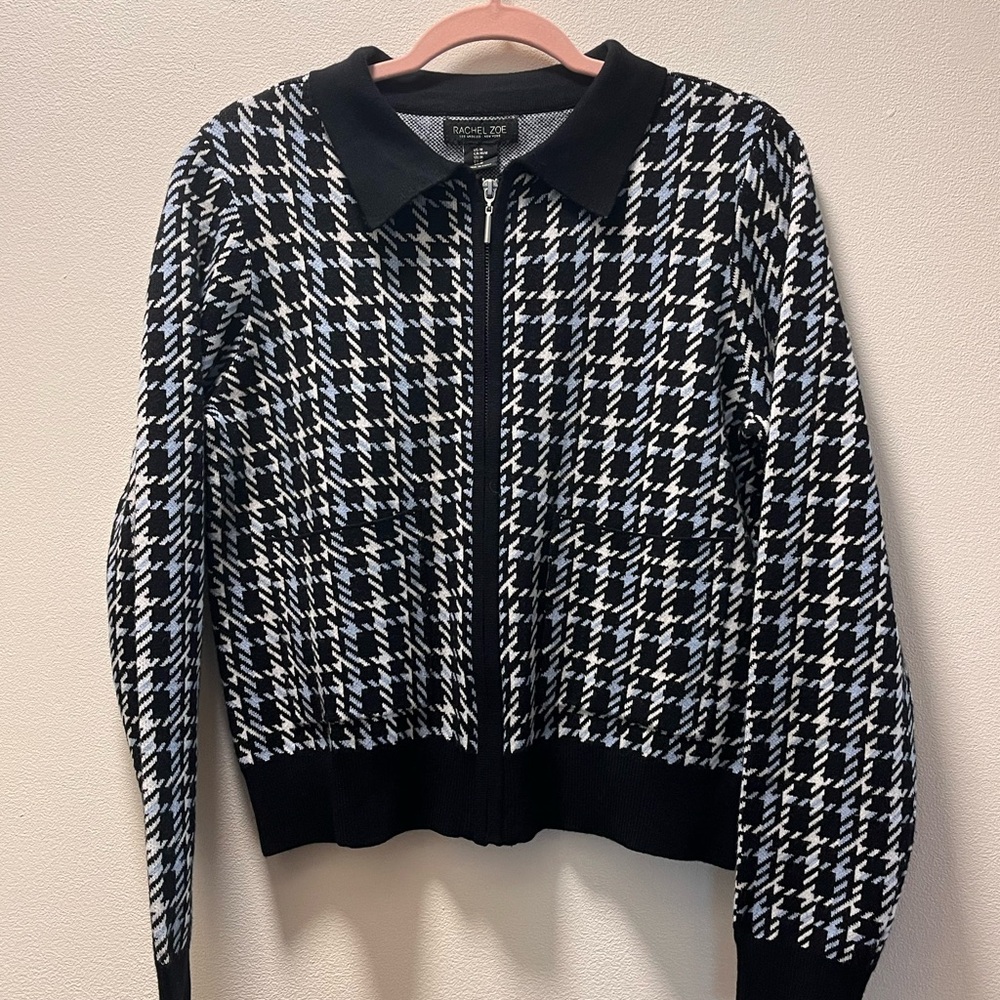 Rachel Zoe Classic Stylish Houndstooth Zip Cardigan, Med, Black/White, Ice Blue